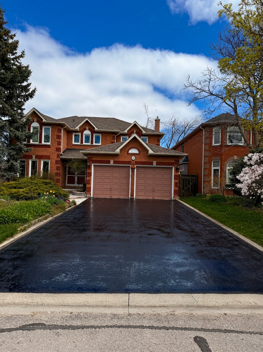 Freshly sealed driveway in front of a modern Barrie home